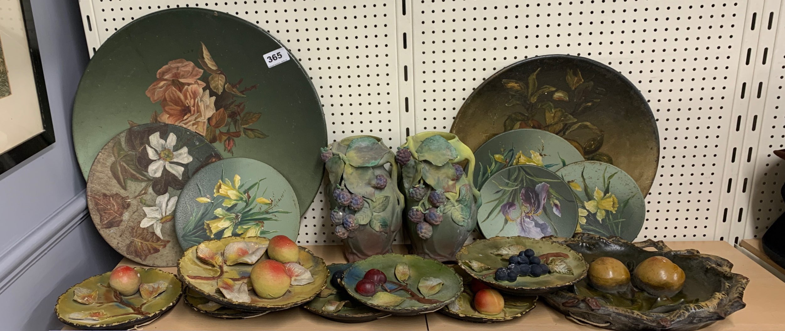 A quantity of Austrian ceramic wall plaques and vases, together with a group of Victorian