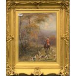 A signed gilt framed oil on board behind glass of fox hunting, frame 58 x 68cm.