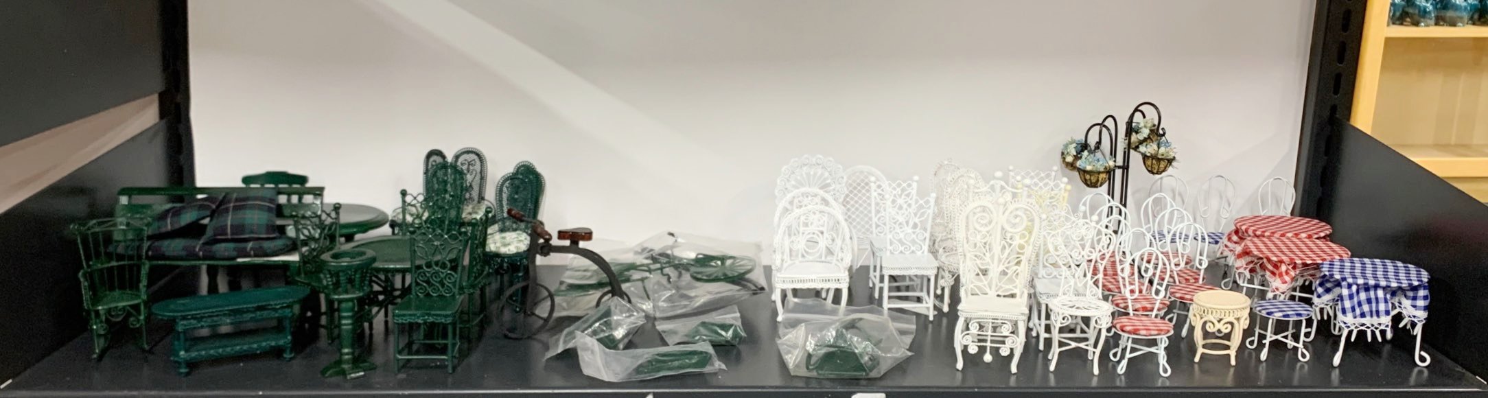 A quantity of dolls house green painted metal garden furniture, including a bicycle together with - Image 3 of 6