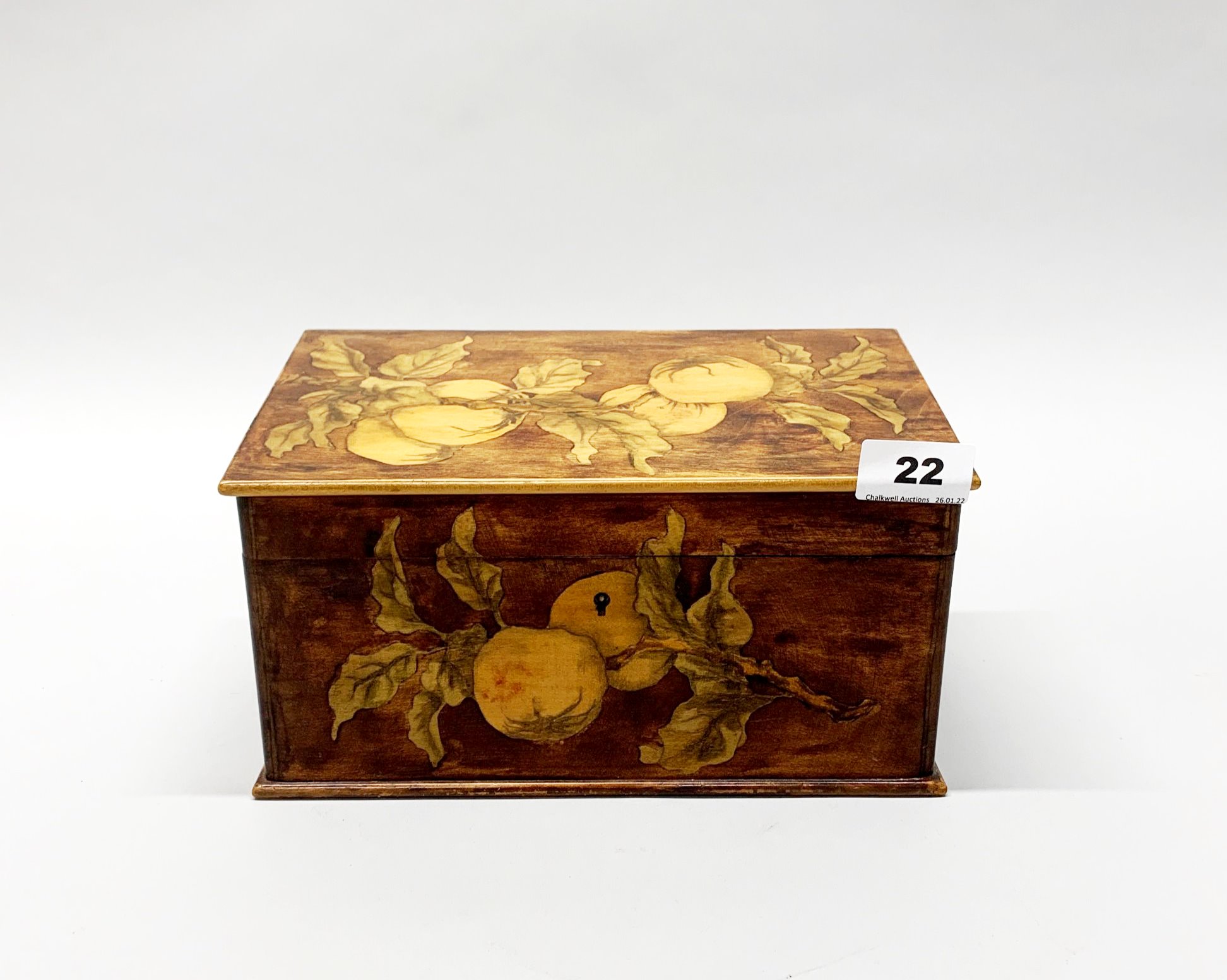 A lovely early 20th century pokerwork and dyed fruitwood stationery box, 26 x 14 x 14cm.