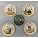 A set of four hand painted faience bowls of the seasons, Dia. 26cm together with a Dutch glazed