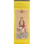 A fine Chinese print on a silk mounted scroll of the goddess Guanyin, scroll size 67 x 189cm.