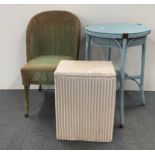 A Lloyd loom table, chair and linen basket.