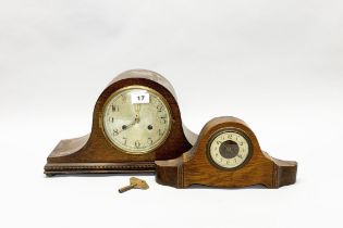 Two oak mantle clocks, largest H. 23cm.
