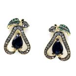 A pair of 925 silver gilt pear shaped earrings set with oval cut sapphires and stones, L. 1.8cm.