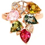 A matching 925 silver rose gold gilt ring set with pear cut fancy colour tourmalines, (O).