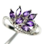 A 925 silver ring set with marquise cut amethyst and white stones, (N.5).