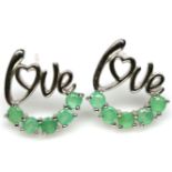 A pair of 925 silver "Love" earrings set with round cut emeralds, L. 1.4cm.