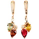 A pair of 925 silver rose gold gilt drop earrings set with pear cut fancy tourmalines and white