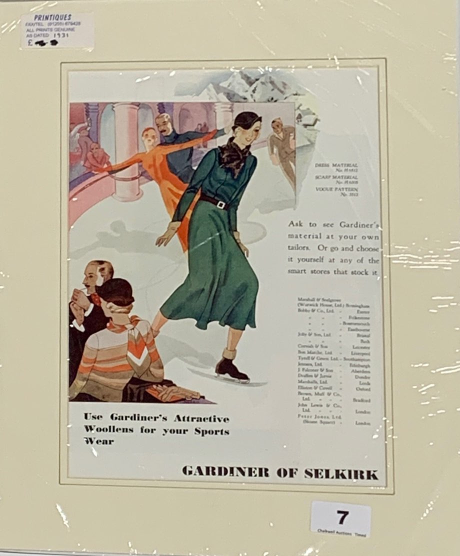FOUR ADVERTISING ICE SKATING PRINTS : 1931 GARDINER OF SELKIRK FOR SPORTS WEAR, MOUNT SIZE: 31CMS - Bild 4 aus 5
