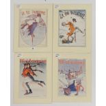 FOUR LA VIE PARISIENNE ICE SKATING PRINTS : 1920 REFLEXIONS SUR LA GLACE, MOUNT SIZE: 34.5CMS X