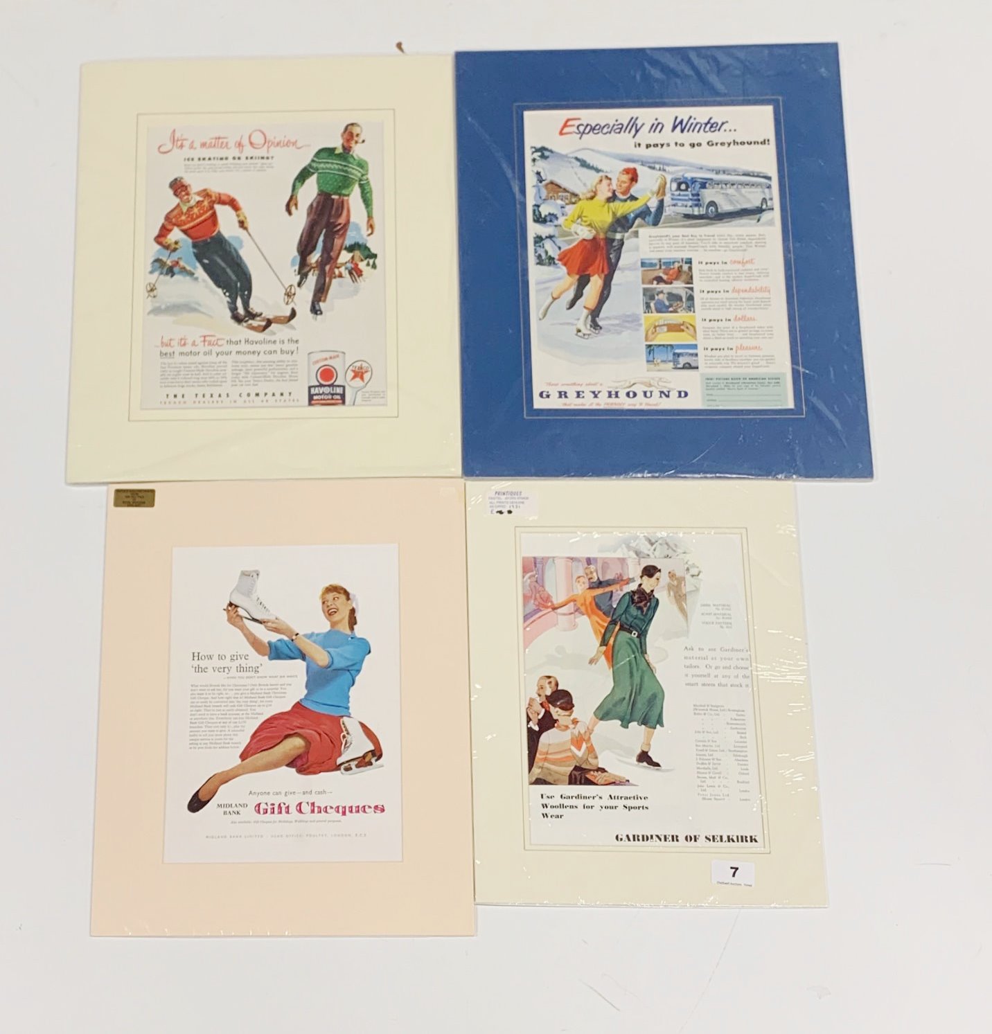 FOUR ADVERTISING ICE SKATING PRINTS : 1931 GARDINER OF SELKIRK FOR SPORTS WEAR, MOUNT SIZE: 31CMS