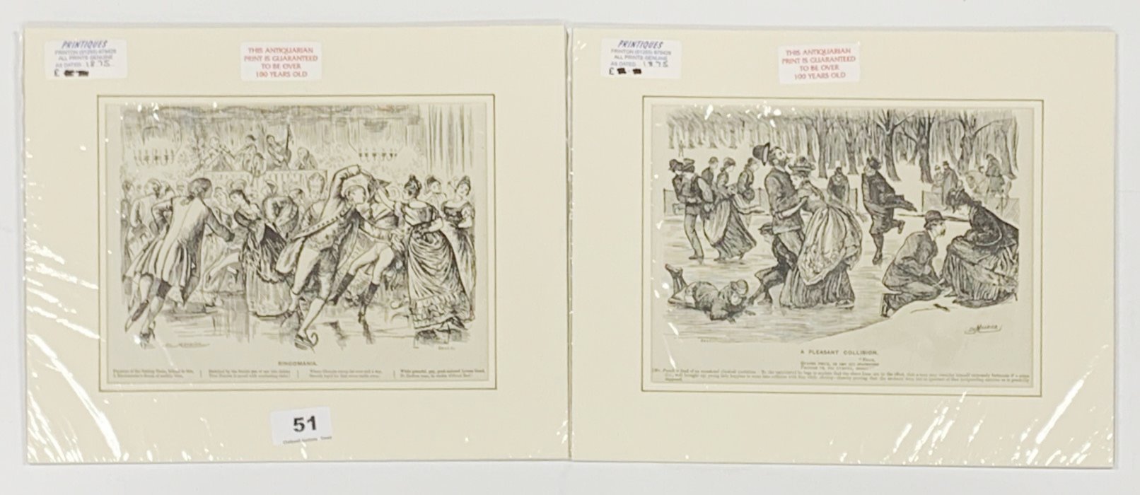 A PAIR OF ICE SKATING PRINTS DRAWN BY "DU MAURIER" : 1875 ANTIQUARIN PRINT 'A PLEASANT COLLISION',