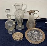 A silver rimmed cut glass bowl, a silver plate and cut glass claret jug, a Victorian cut glass