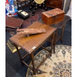 An oak barley twist side table with an additional side table, boot jack and box.