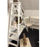 A painted vintage step ladder display stand (H. 168cm) together with a painted Victorian chair and