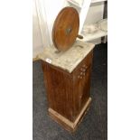 A 19th century mahogany and marble topped brewers press (28 x 33 x 97cm) with weight and lid.