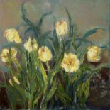Margaret Lloyd, "Dancing Flowers", 50 x 50cm, c. 2020. Dancing Flowers is an oil painting with a