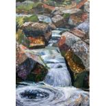 Rosemary Firth, "Waterfall", mixed media, 57 x 39cm, c. 2021. Collage of a rocky waterfall,