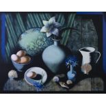 Elena Shichko, "Blue still life", acrylic on canvas and cardboard, 65 x 50cm, c. 2019. Still life in