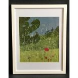 Sally Hallewell, "Poppy in the grass", textile art inspired by a photograph, 32 x 42cm, c. 2020. A