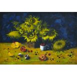 Elena Shichko, "Sunflowers", acrylic on canvas, 70 x 50cm, c. 2019. Decorative still life with