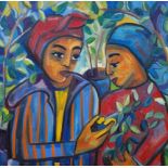 Sonja Nel, "Eucalyptus Pickers", oil on canvas, 60 x 60cm, c. 2021. Portrait of two African women,