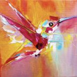 Lina Redford, "Through the sunset", oil on canvas, 20 x 20cm, c. 2021. Hummingbird is a signature