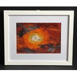 Sally Hallewell, "Sky", textile art inspired by a photograph, 31 x 25cm, c. 2021. A burning sky with