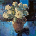 Margaret Lloyd, "Jug of Roses", 50 x 50cm, c. 2021. Jug of Roses is a textured oil painting with a