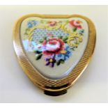 Vintage Kigu gold cherie powder compact. Petit point flower embroidered heart shaped compact