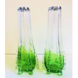 Pair Art Deco Silver Rimmed Vases c. 1920's. A fine pair of green to clear vases with silver rims