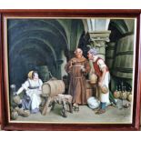 Original Oil on Canvas Framed 70cm Wide. Framed oil on canvas Monk drinking in a wine cellar. The