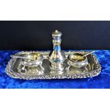 "Antique Art Nouveau Silver Plate Condiment Set. A 6 piece silver plate condiment set presented on a