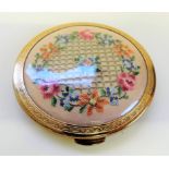 Vintage Kigu Petit Point Compact. Petit point embroidery under a celluloid covering. Engine turned