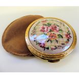 Vintage Kigu Petit Point Compact. Petit point embroidery under a celluloid covering. Engine turned