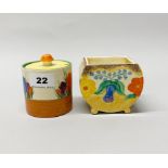 A Clarice Cliff crocus pattern jam pot, H. 10cm, together with a Clarice Cliff 'bizarre' sugar