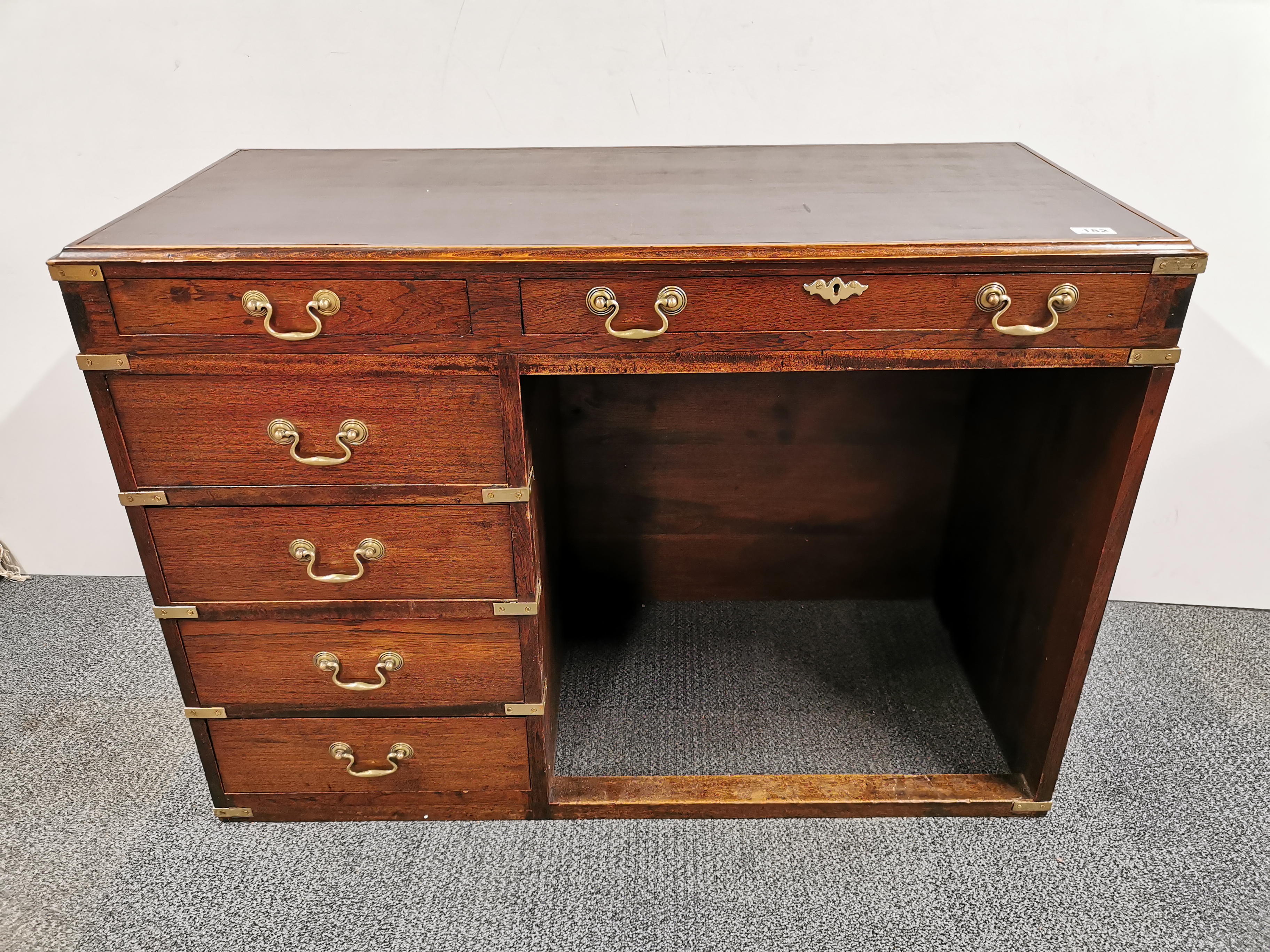 A military style brass mounted desk, 109 x 50 x 77cm.