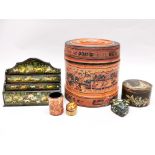 A Chinese antique bamboo and lacquer box with a group of other Eastern boxes, largest H. 26cm,