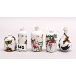 A group of five hand enamelled Chinese porcelain snuff bottles.