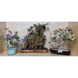 A large Chinese polished stone grape vine, H. 33cm, together with two glass bonsai trees.