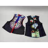 Two mid 20th century hand embroidered Chinese silk waistcoat style ladies' tops, L. 48cm and 51cm.