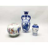 A small 19th century Chinese handpainted porcelain vase, H. 15cm. Together with a mid 20th century