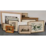 A group of framed watercolours engravings and prints, largest frame size 66 x 56cm.