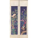 A set of four Chinese lithographic silk mounted scrolls of birds in fruit trees, 48 x 181cm.