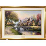 Thomas Kinkade: A large gilt framed limited edition 86/2950 canvas lithograph, entitled 'Cobblestone