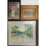Two framed watercolours and a framed hunting print.