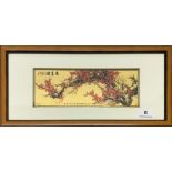 A boxed Chinese framed 'painting on gold foil' of spring blossom, frame size 45 x 22cm.