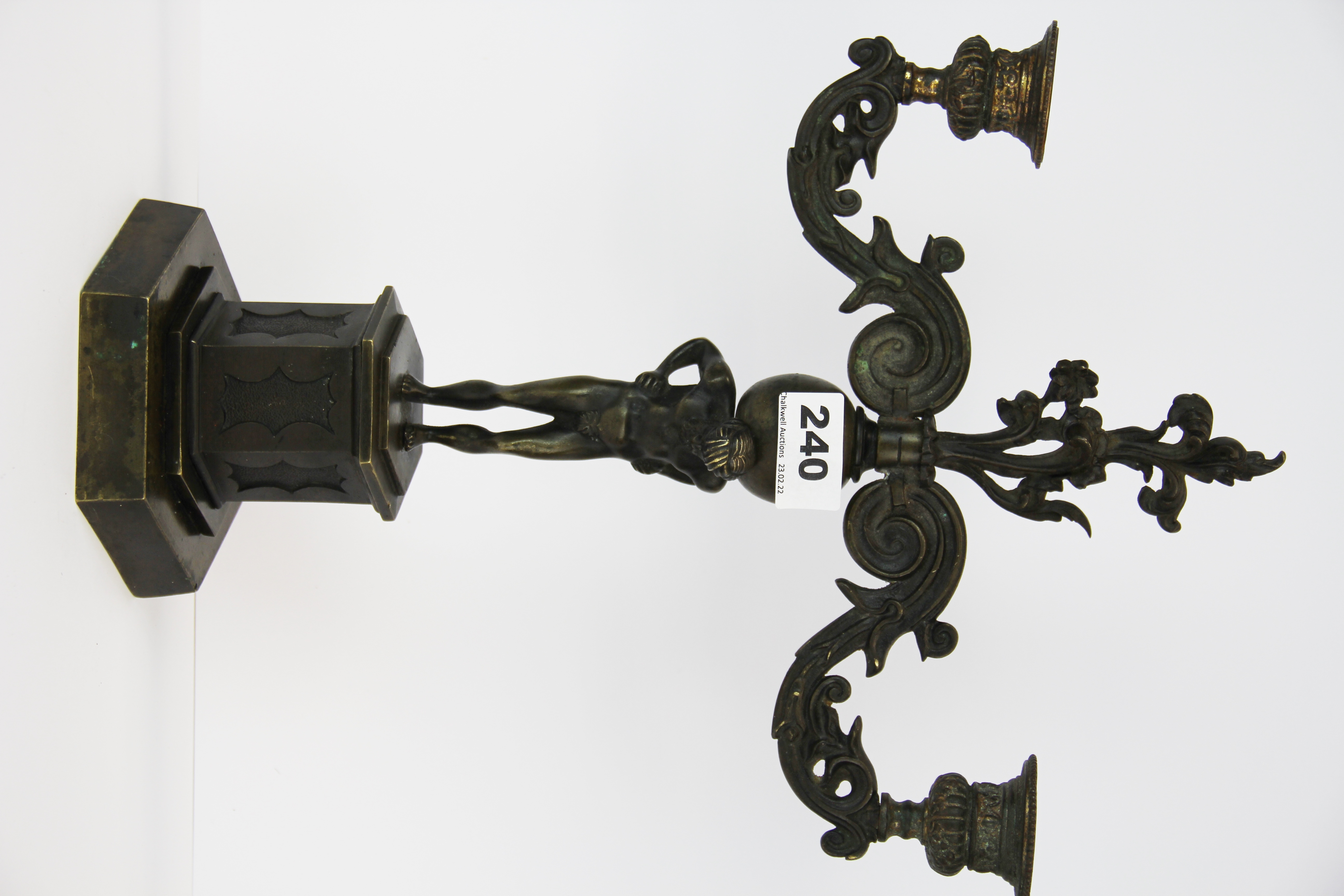 A 19th century bronze two branch candelabrum resting on Atlas, 38cm. - Bild 4 aus 4