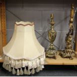 Two gilt metal table lamps with shades, tallest H. 52cm.